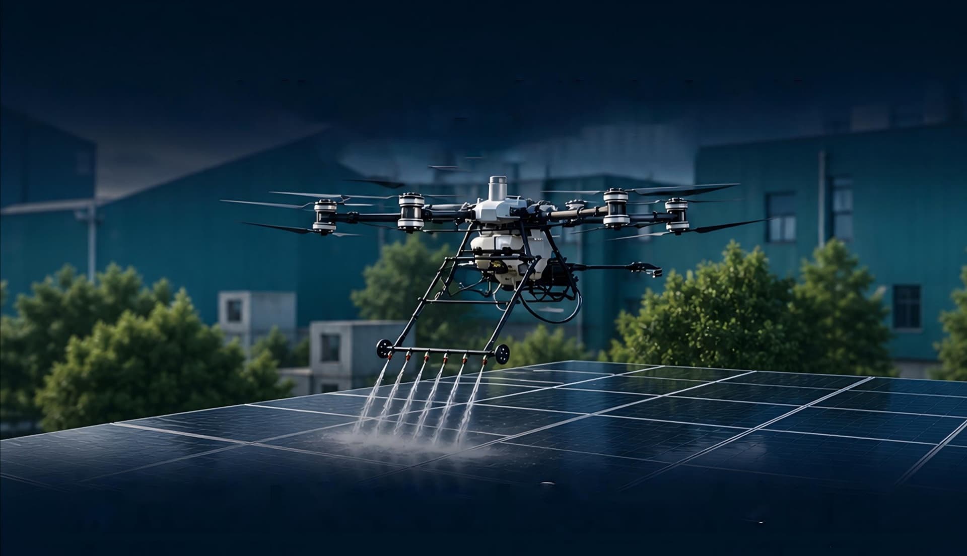 โดรน DJI Agras ติดชุดล้าง PC-2 พ่นน้ำแรงดันสูงทำความสะอาดแผงโซลาร์เซลล์