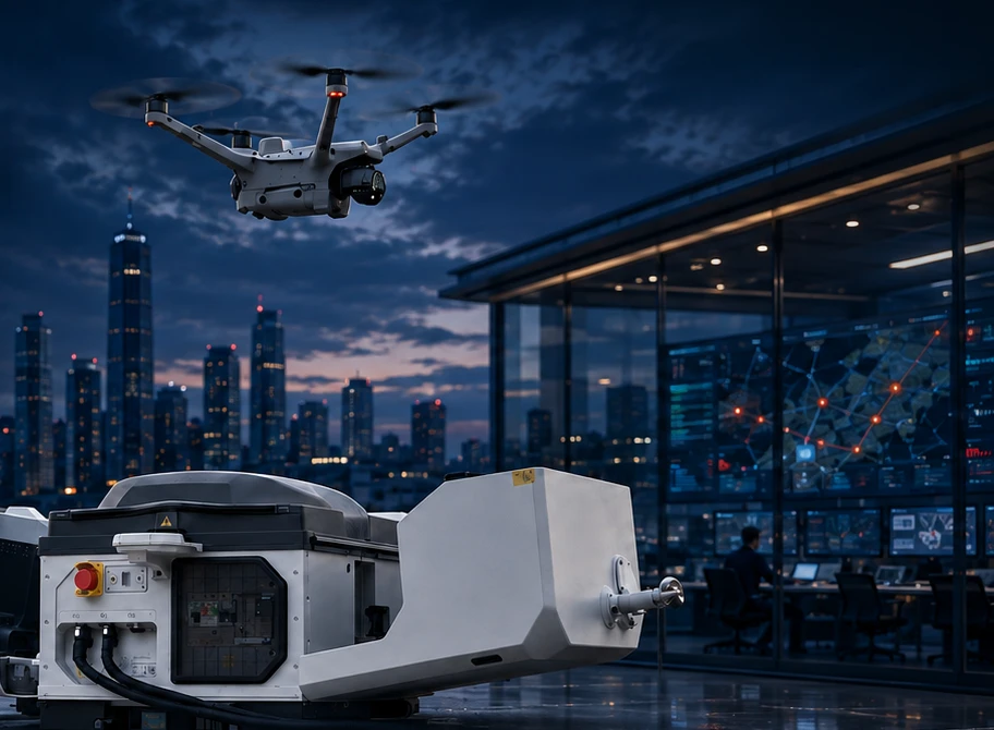 สถานีโดรน DJI Dock 3 บนดาดฟ้าอาคารศูนย์สั่งการยามค่ำคืน