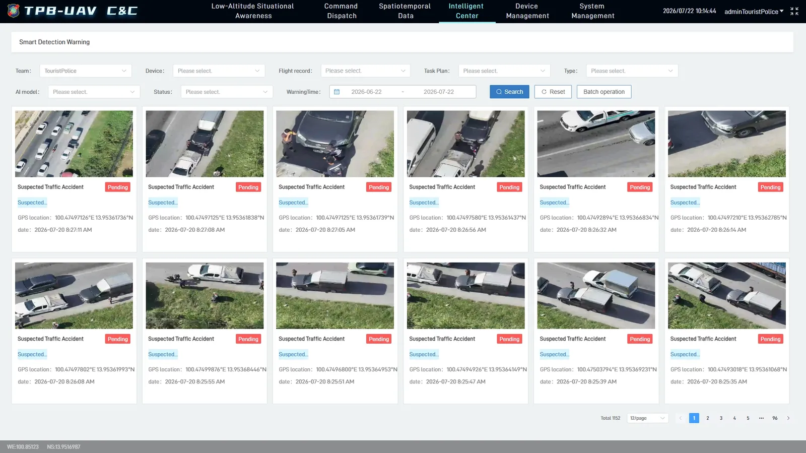 รายการภาพ Suspected Traffic Accident ที่ระบบบันทึกอัตโนมัติ พร้อมพิกัดและเวลา